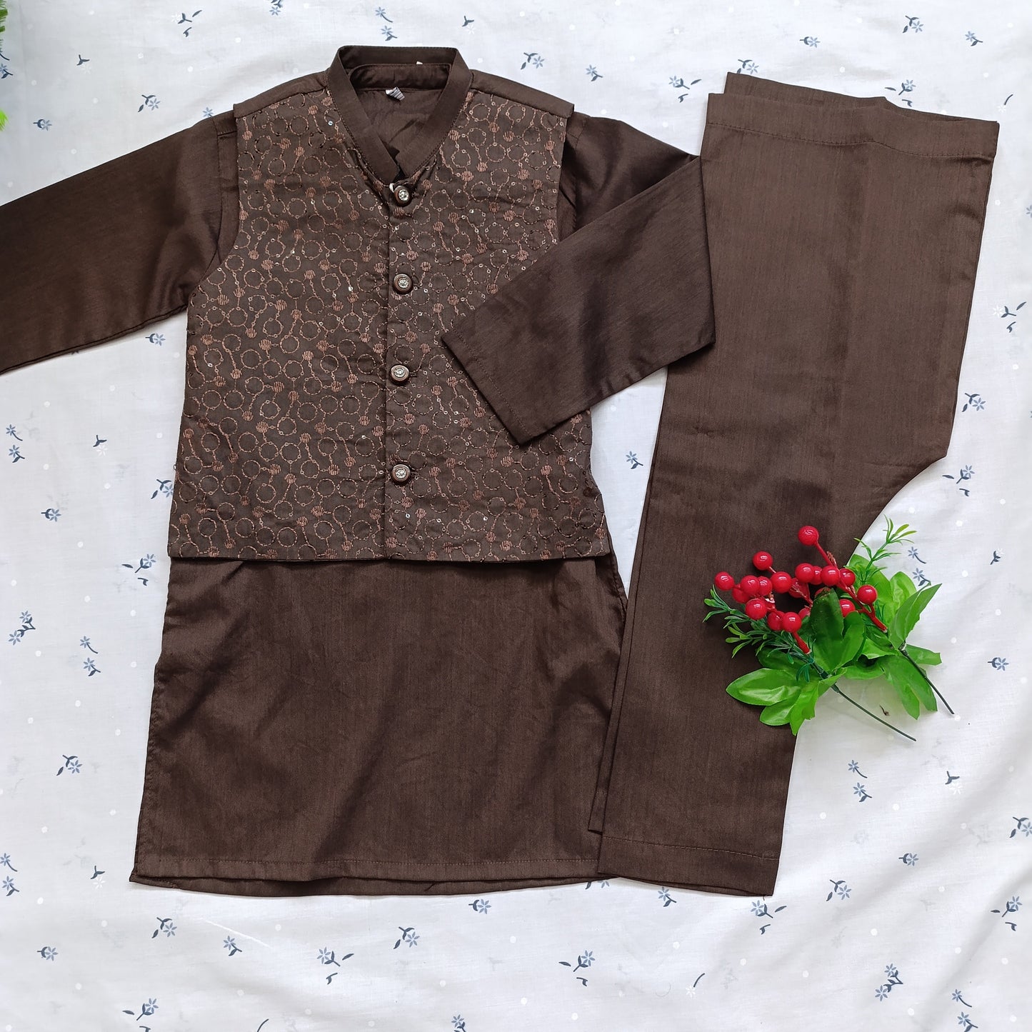 Classic Brown Wash & Wear Kurta Pajama Set with Embroidered Waistcoat Detail