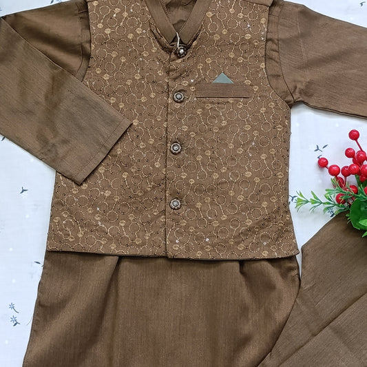 Boys' Fancy Embroidered Kurta Pajama – Coffee Brown (Wash n Wear)
