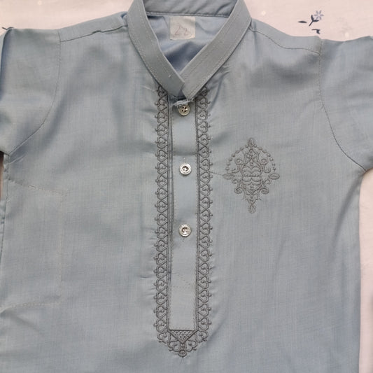Boys' Stylish Embroidered Kurta Pajama – Grey Blue (Wash n Wear)