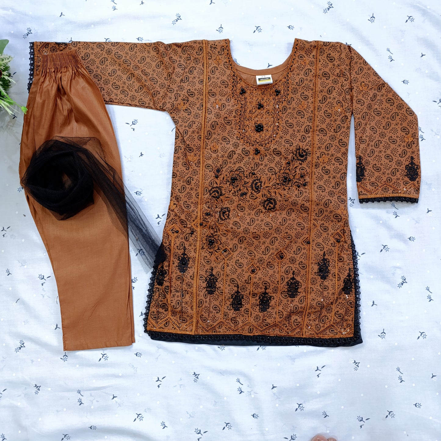 Elegant Rust Brown Embroidered Cotton Salwar Suit Set for Girls – with Dupatta