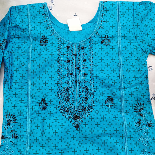 Vibrant Blue Cotton Suit Set with Black Floral Embroidery and Net Dupatta