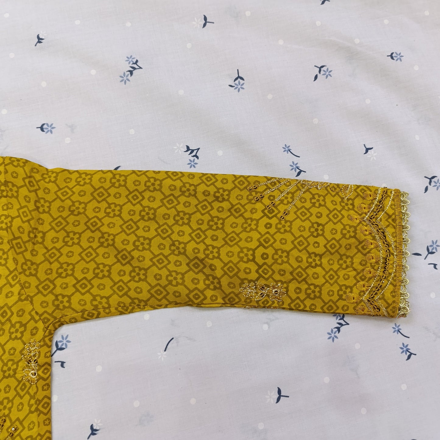 Elegant Golden Embroidered Cotton Suit Set with Net Dupatta