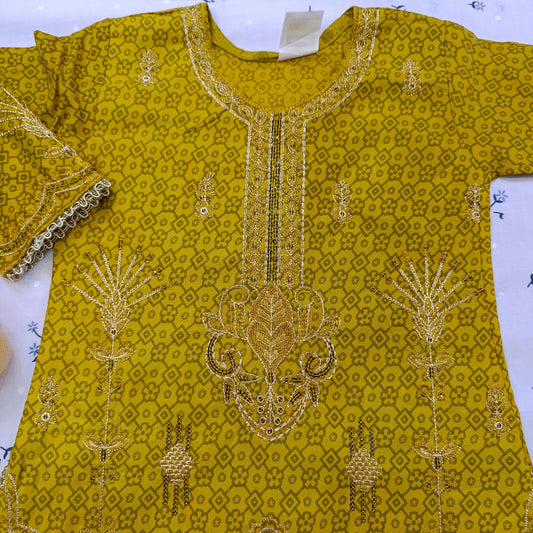 Elegant Golden Embroidered Cotton Suit Set with Net Dupatta