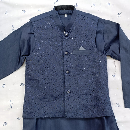 Navy blue Wash & Wear Kurta Pajama Set with Embroidered Waistcoat Detail