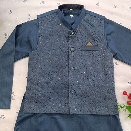 Slate blue Wash & Wear Kurta Pajama Set with Embroidered Waistcoat Detail