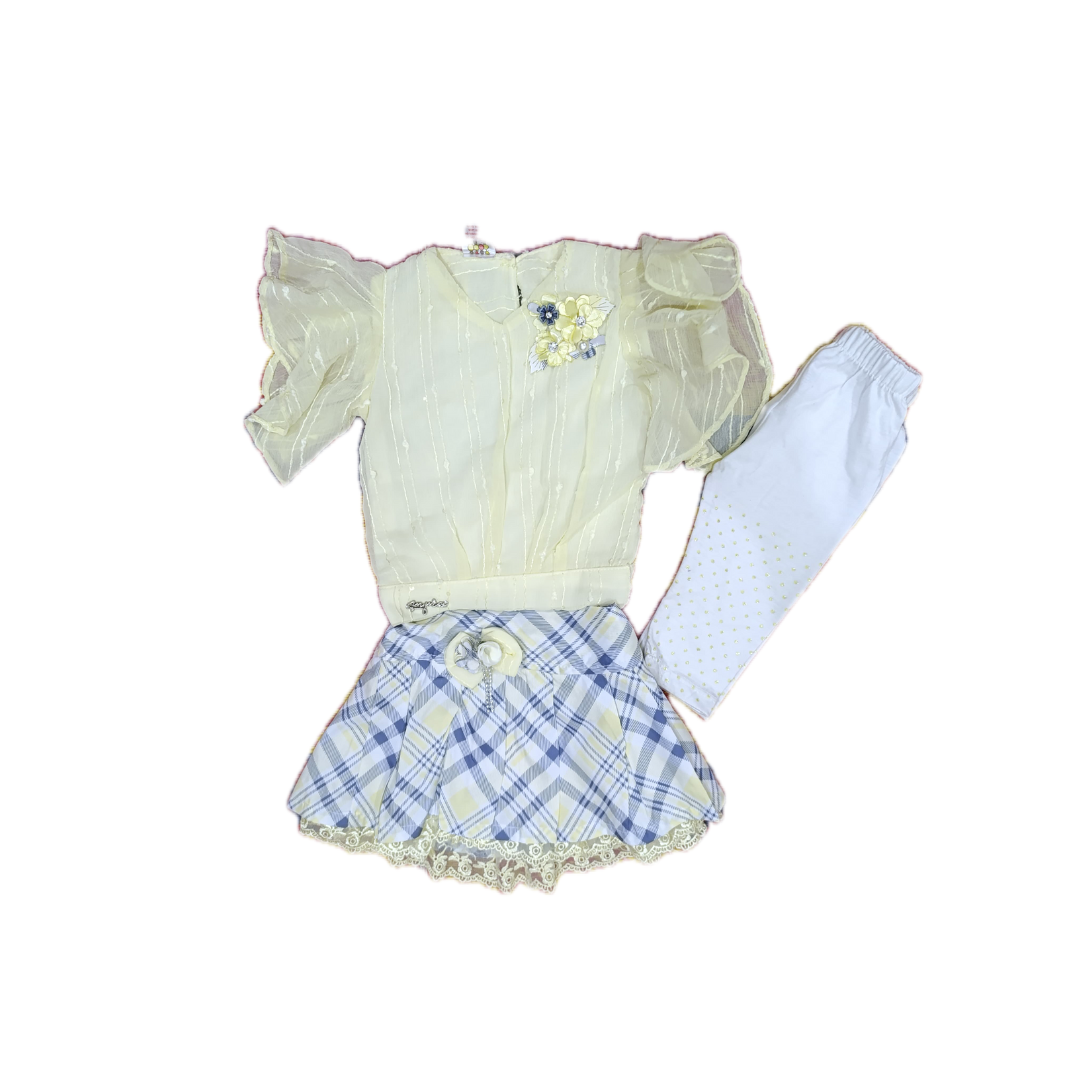 Elegant Girls’ 3-Piece Outfit – Sheer Puff Sleeve Top, Plaid Skirt & White Leggings