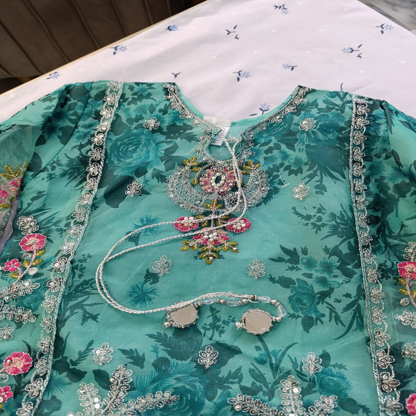 Luxury Embroidered Net Frock with Gharara for Girls β Aqua Green Elegance