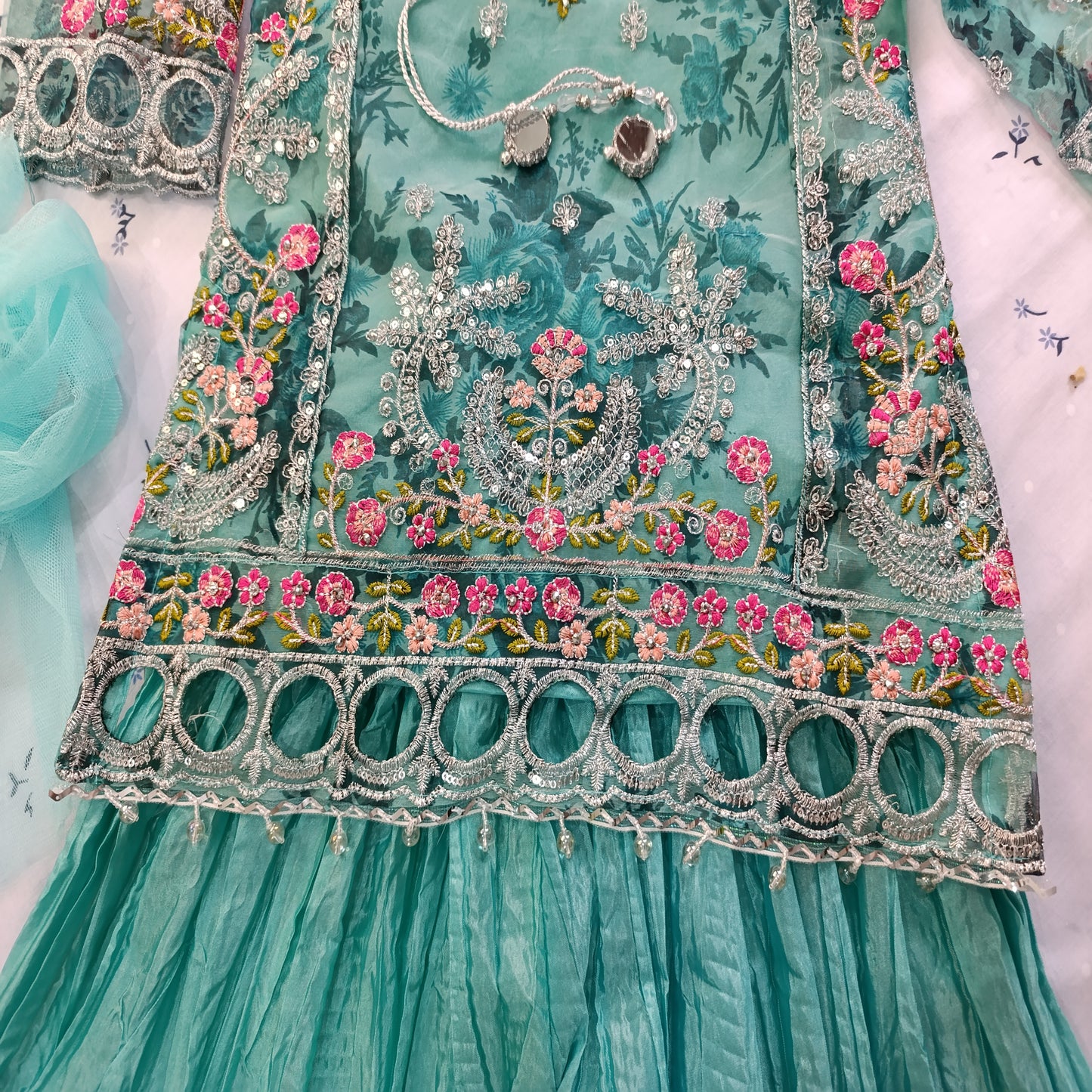 Luxury Embroidered Net Frock with Gharara for Girls β Aqua Green Elegance