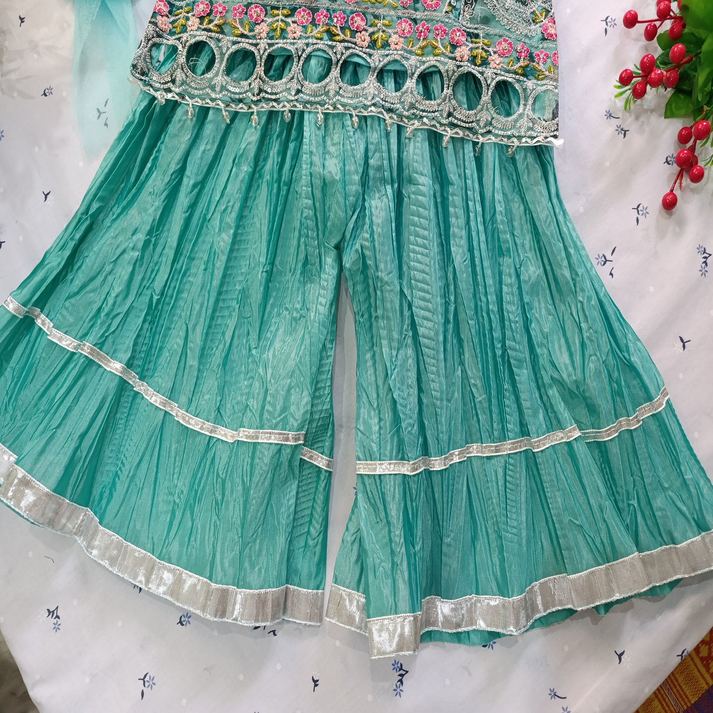 Luxury Embroidered Net Frock with Gharara for Girls β Aqua Green Elegance