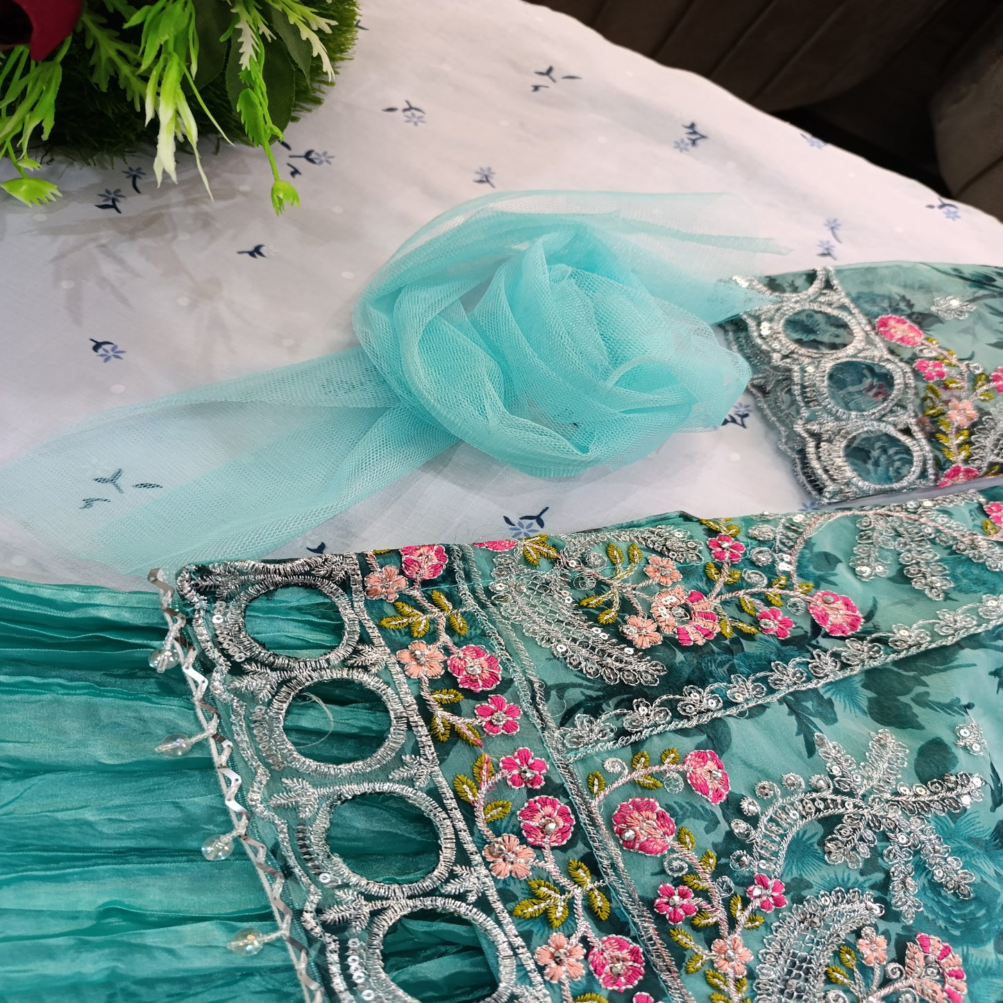 Luxury Embroidered Net Frock with Gharara for Girls β Aqua Green Elegance