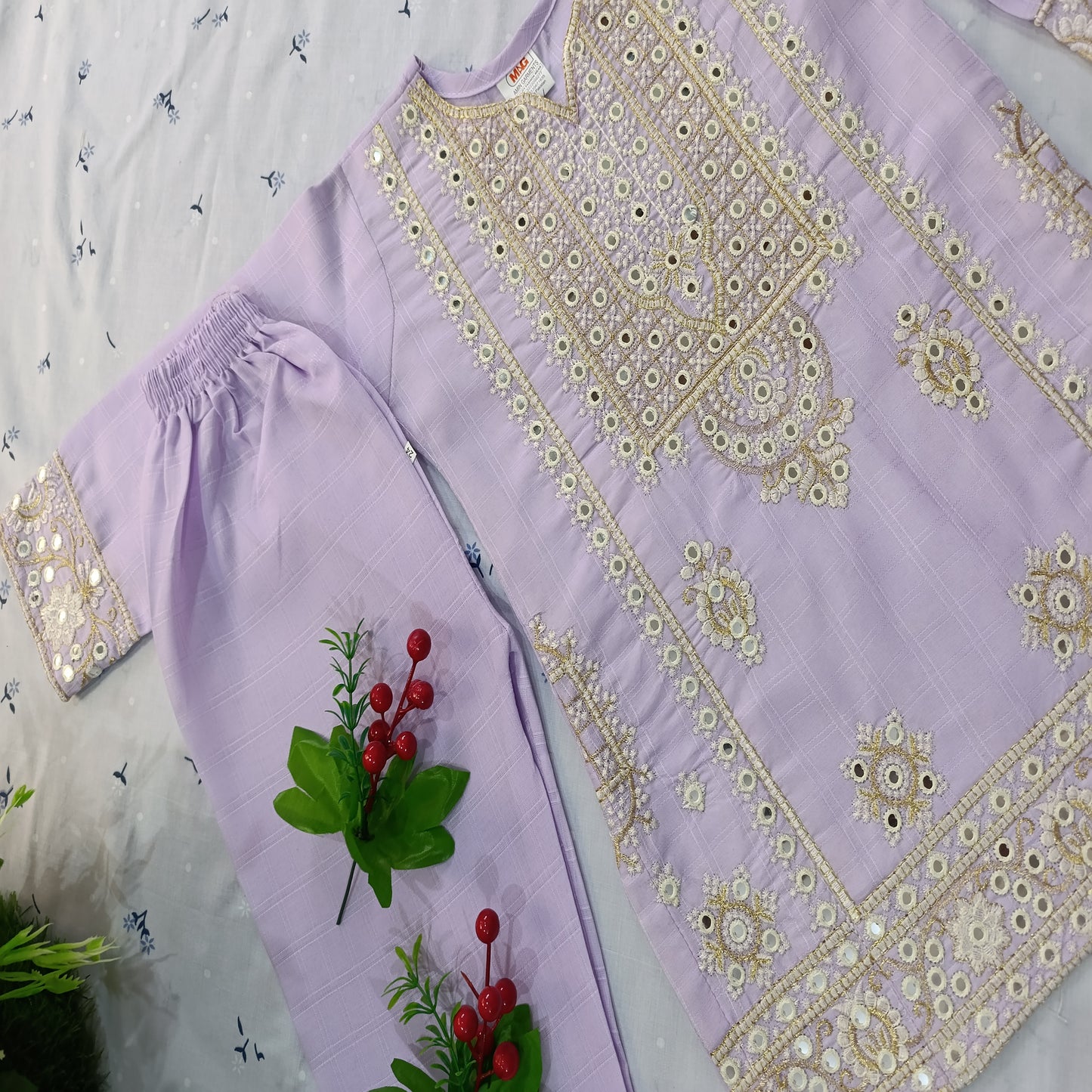 Embroidered Cotton Suit for Girls – Lavender Color