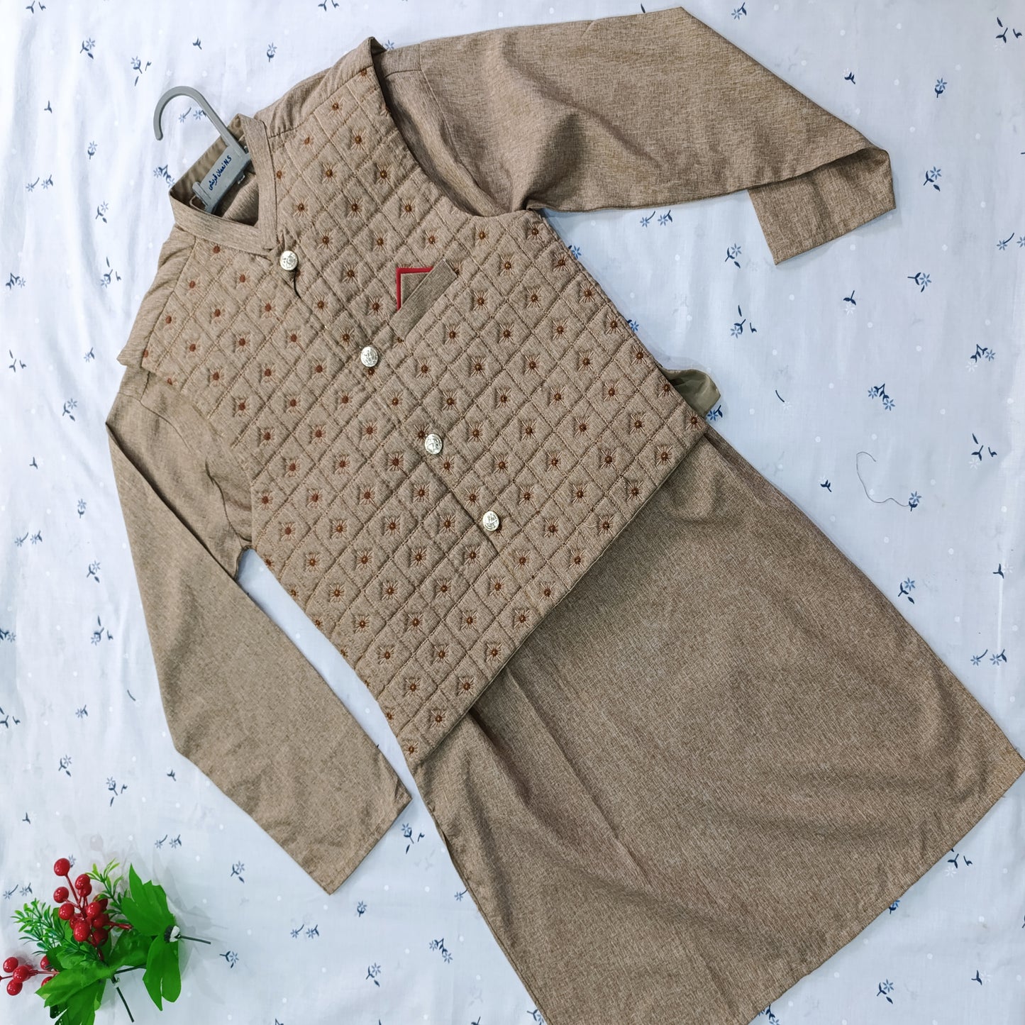 Boys' Embroidered Kurta Pajama with Waistcoat – 3 Piece Set