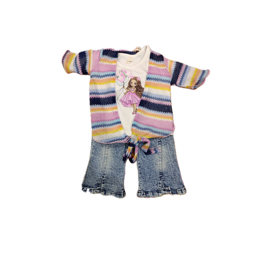 Girls’ 3-Piece Outfit Set – Striped Knit Cardigan, Fairy Print T-Shirt & Denim Flared Jeans