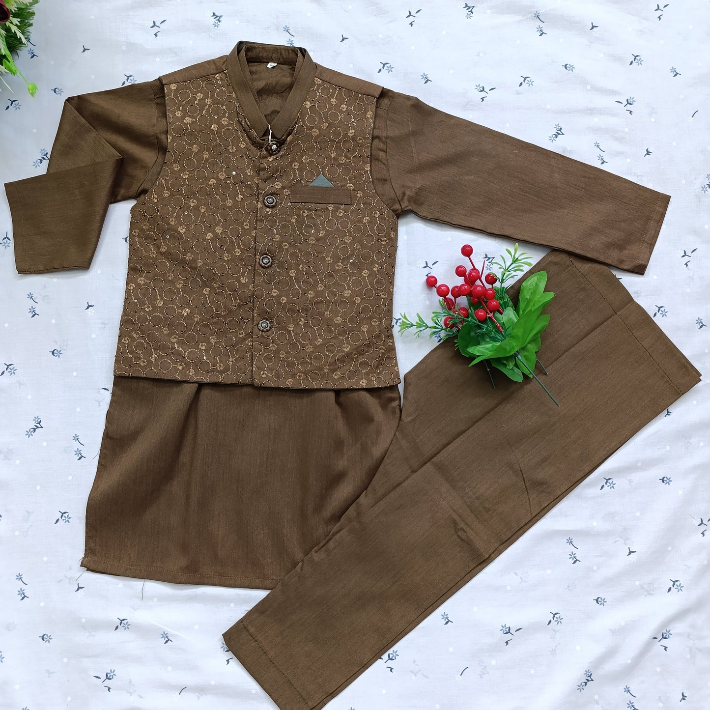 Boys' Fancy Embroidered Kurta Pajama – Coffee Brown (Wash n Wear)