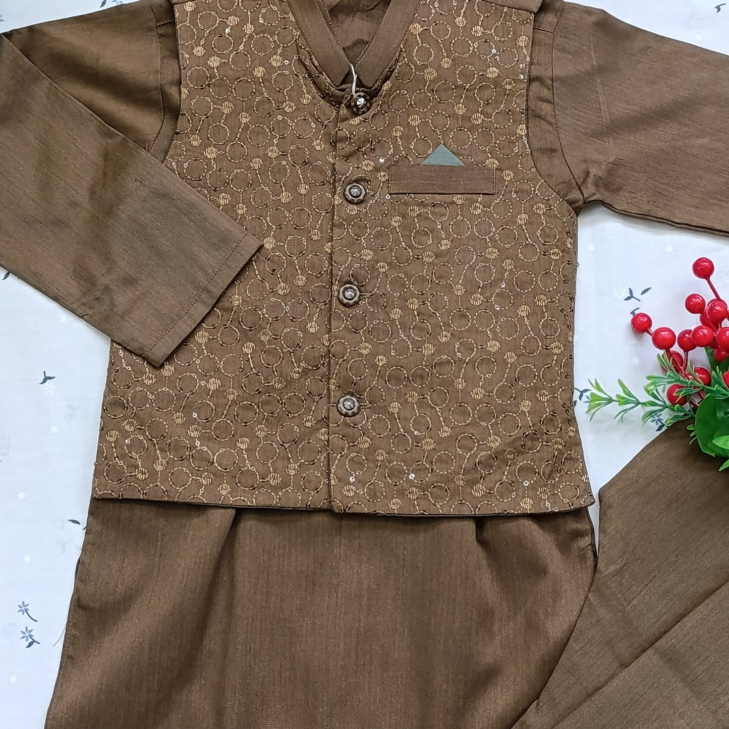 Boys' Fancy Embroidered Kurta Pajama – Coffee Brown (Wash n Wear)