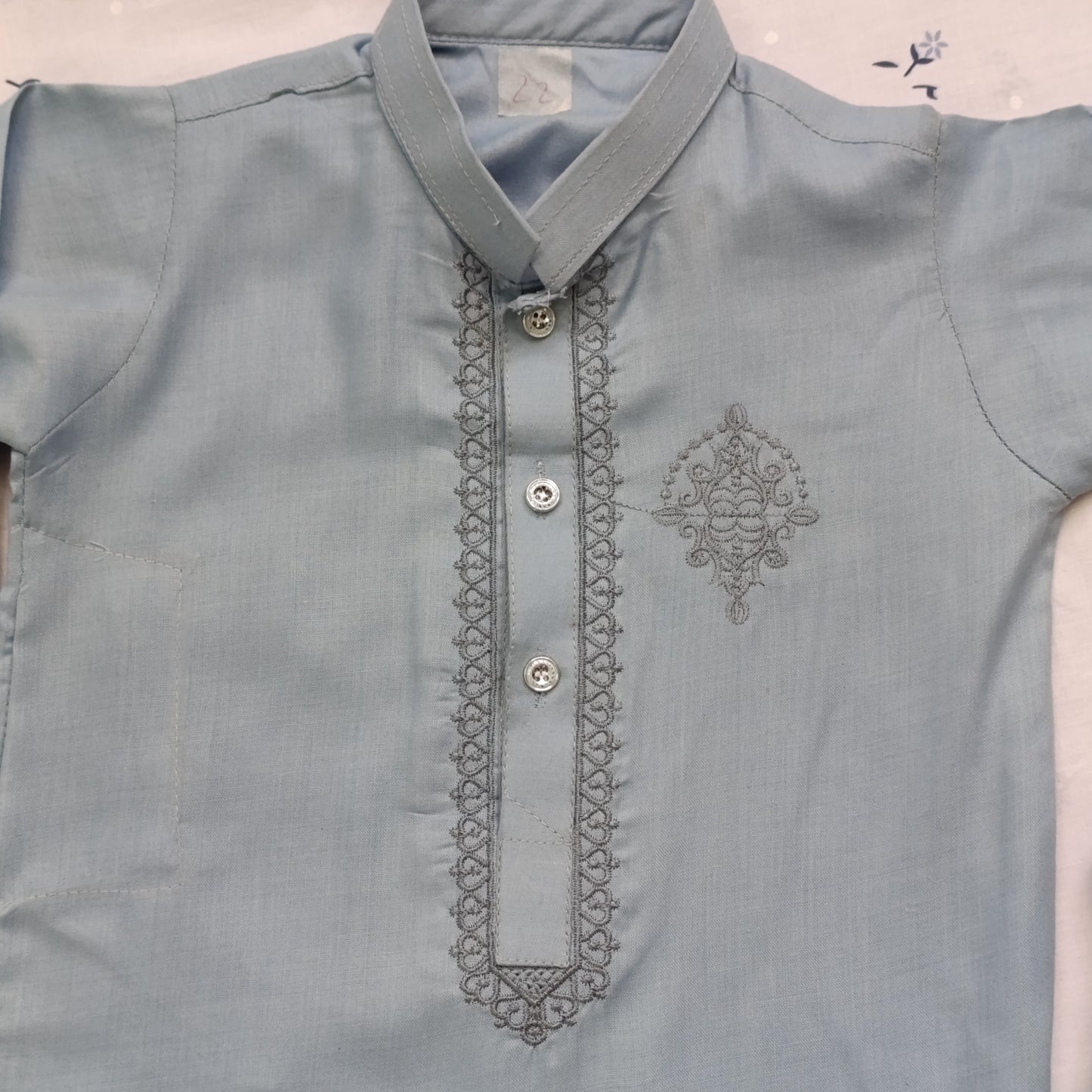 Boys' Stylish Embroidered Kurta Pajama – Grey Blue (Wash n Wear)