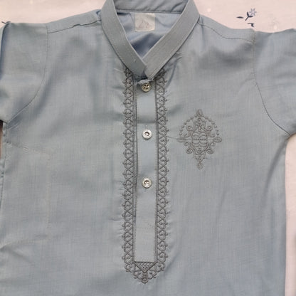 Boys' Stylish Embroidered Kurta Pajama – Grey Blue (Wash n Wear)