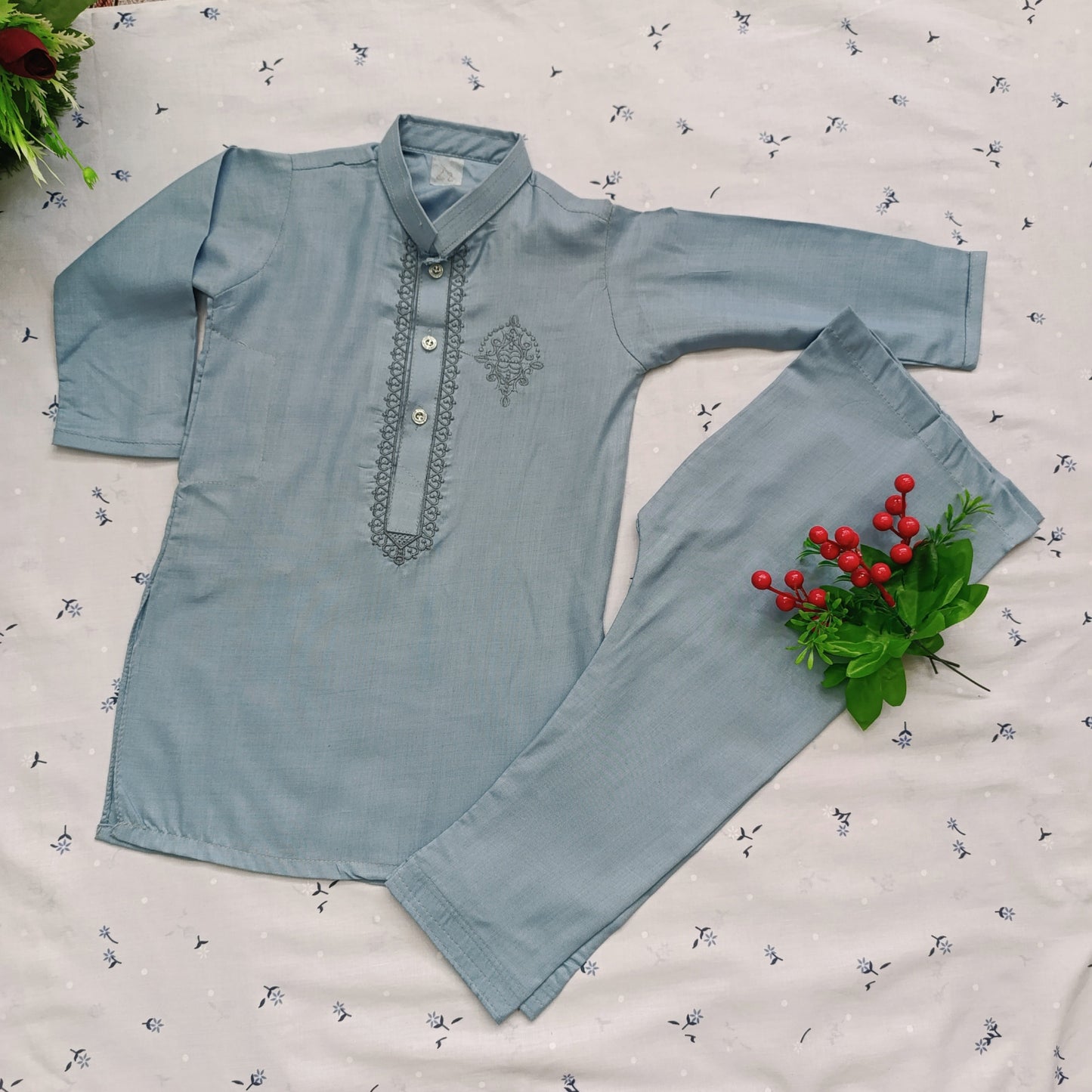 Boys' Stylish Embroidered Kurta Pajama – Grey Blue (Wash n Wear)