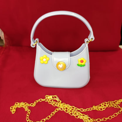 Cute Light Blue Kids’ Handbag with Pearl Button & Golden Chain Strap