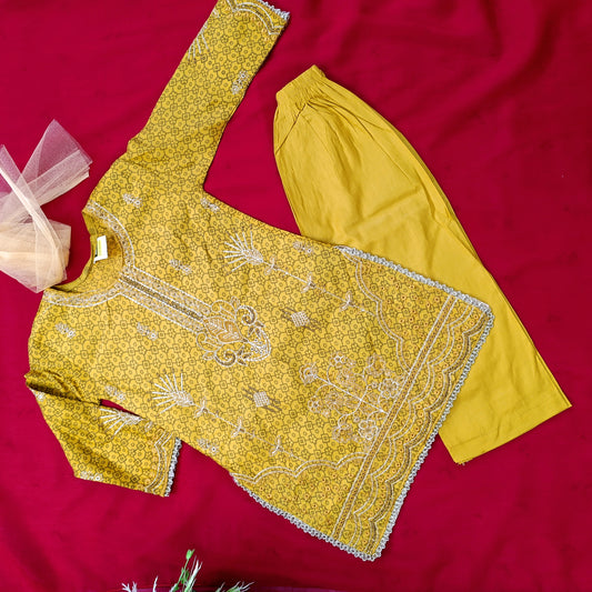 Elegant Golden Embroidered Cotton Suit Set with Net Dupatta
