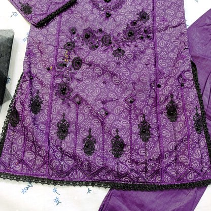 Elegant Purple Embroidered Cotton Salwar Suit Set for Girls – with Dupatta