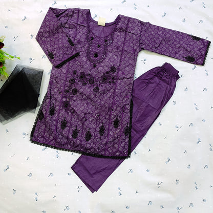 Elegant Purple Embroidered Cotton Salwar Suit Set for Girls – with Dupatta
