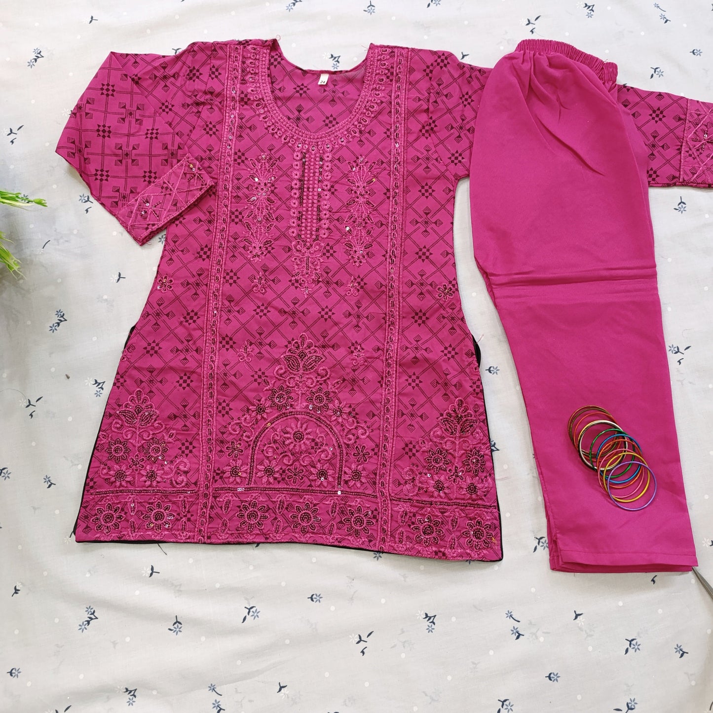 Elegant Deep Pink Embroidered Suit Set