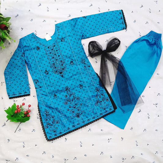 Vibrant Blue Cotton Suit Set with Black Floral Embroidery and Net Dupatta