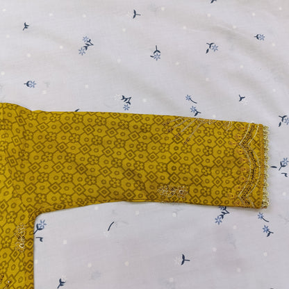 Elegant Golden Embroidered Cotton Suit Set with Net Dupatta