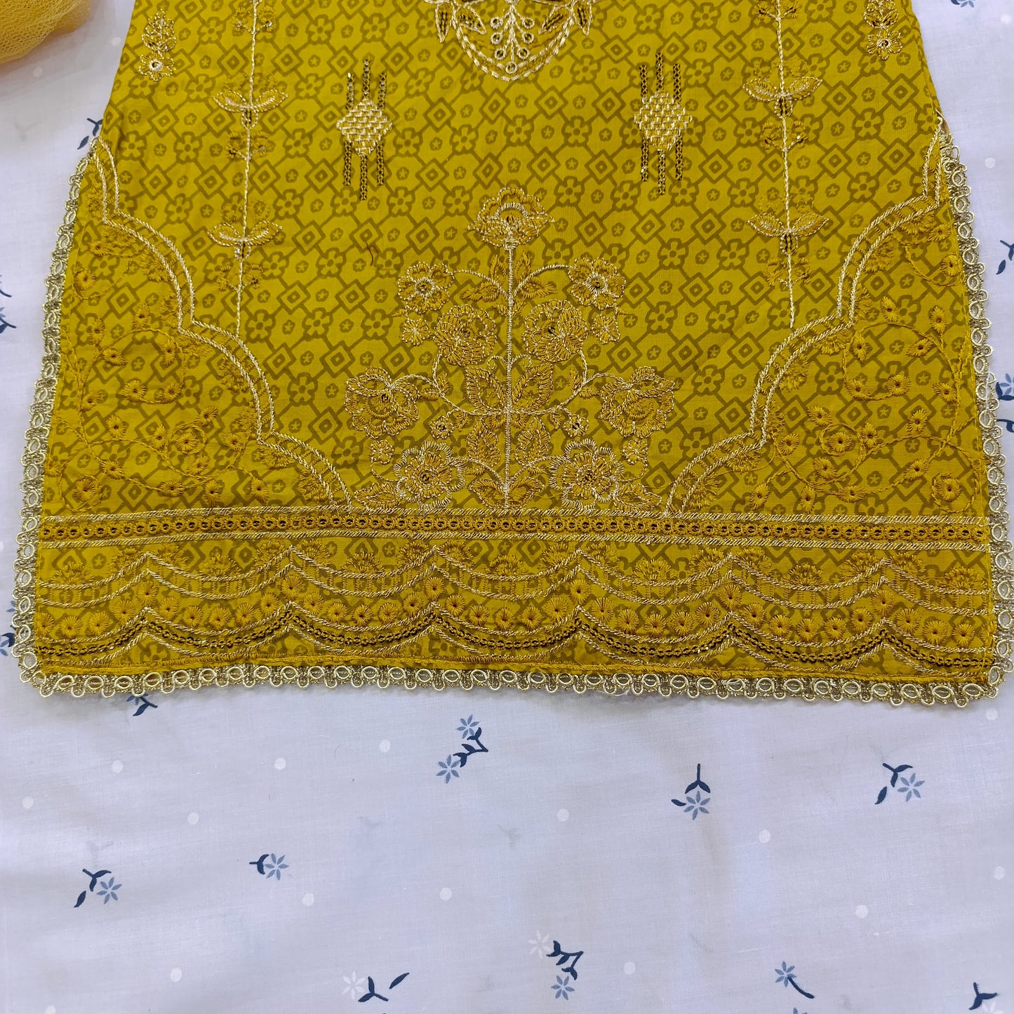 Elegant Golden Embroidered Cotton Suit Set with Net Dupatta