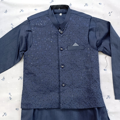 Navy blue Wash & Wear Kurta Pajama Set with Embroidered Waistcoat Detail