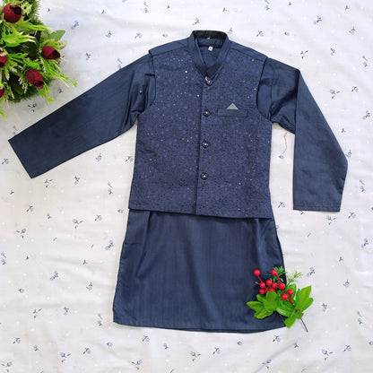 Navy blue Wash & Wear Kurta Pajama Set with Embroidered Waistcoat Detail