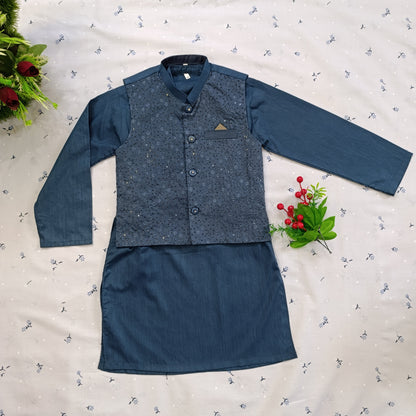 Slate blue Wash & Wear Kurta Pajama Set with Embroidered Waistcoat Detail