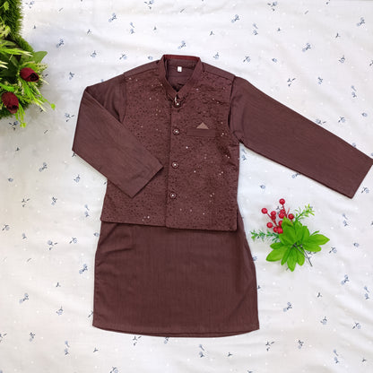 Deep reddish-brown Wash & Wear Kurta Pajama Set with Embroidered Waistcoat Detail