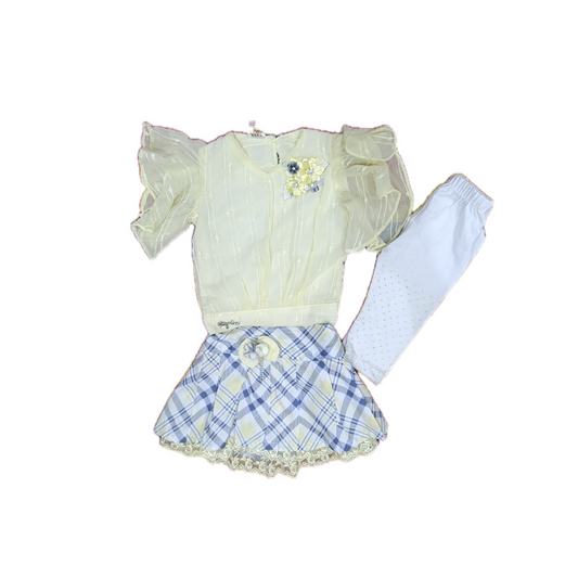 Elegant Girls’ 3-Piece Outfit – Sheer Puff Sleeve Top, Plaid Skirt & White Leggings