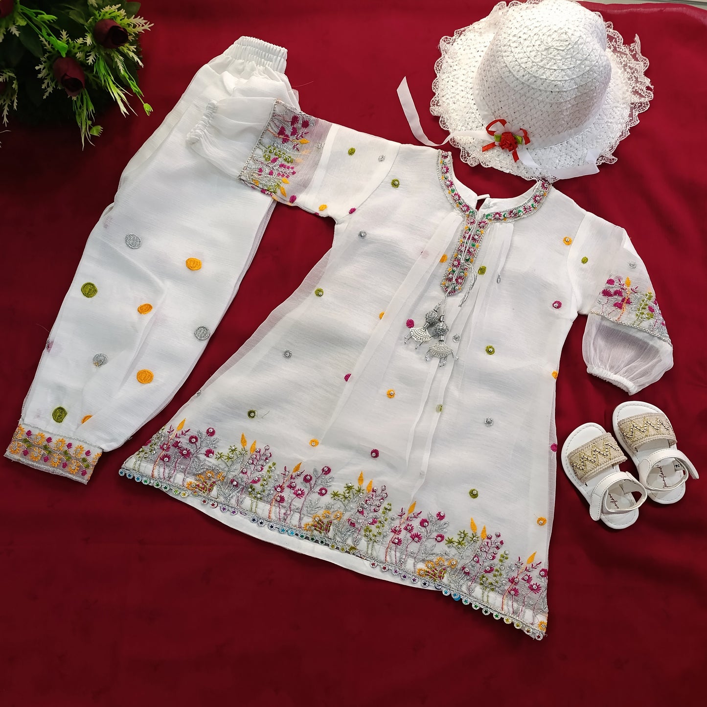 Girls' Festive Embroidered Net Dress – 2 Piece