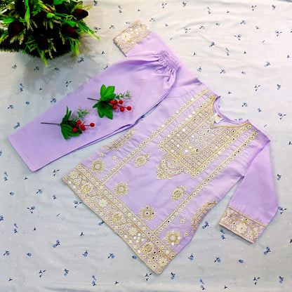 Embroidered Cotton Suit for Girls – Lavender Color