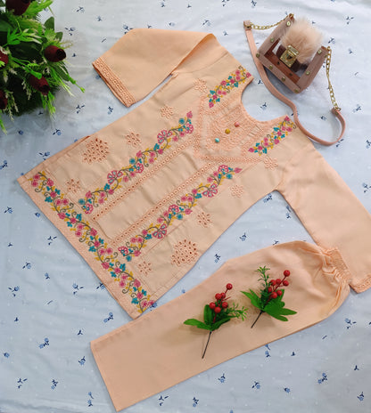 Girls Embroidered Lawn Suit – Peach with Chikankari Work