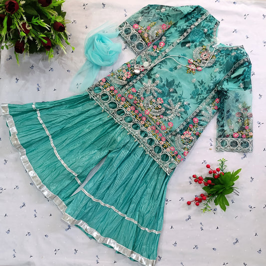 Luxury Embroidered Net Frock with Gharara for Girls – Aqua Green Elegance