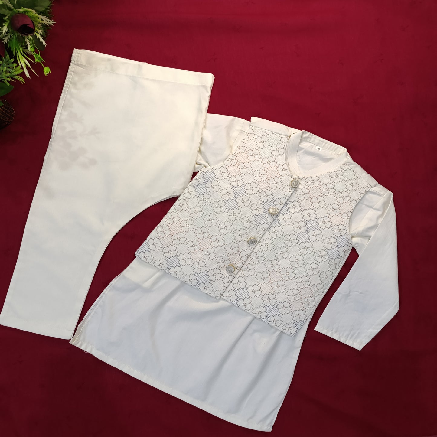 Boys' White Kurta Pajama with Embroidered Waistcoat – 3 Piece
