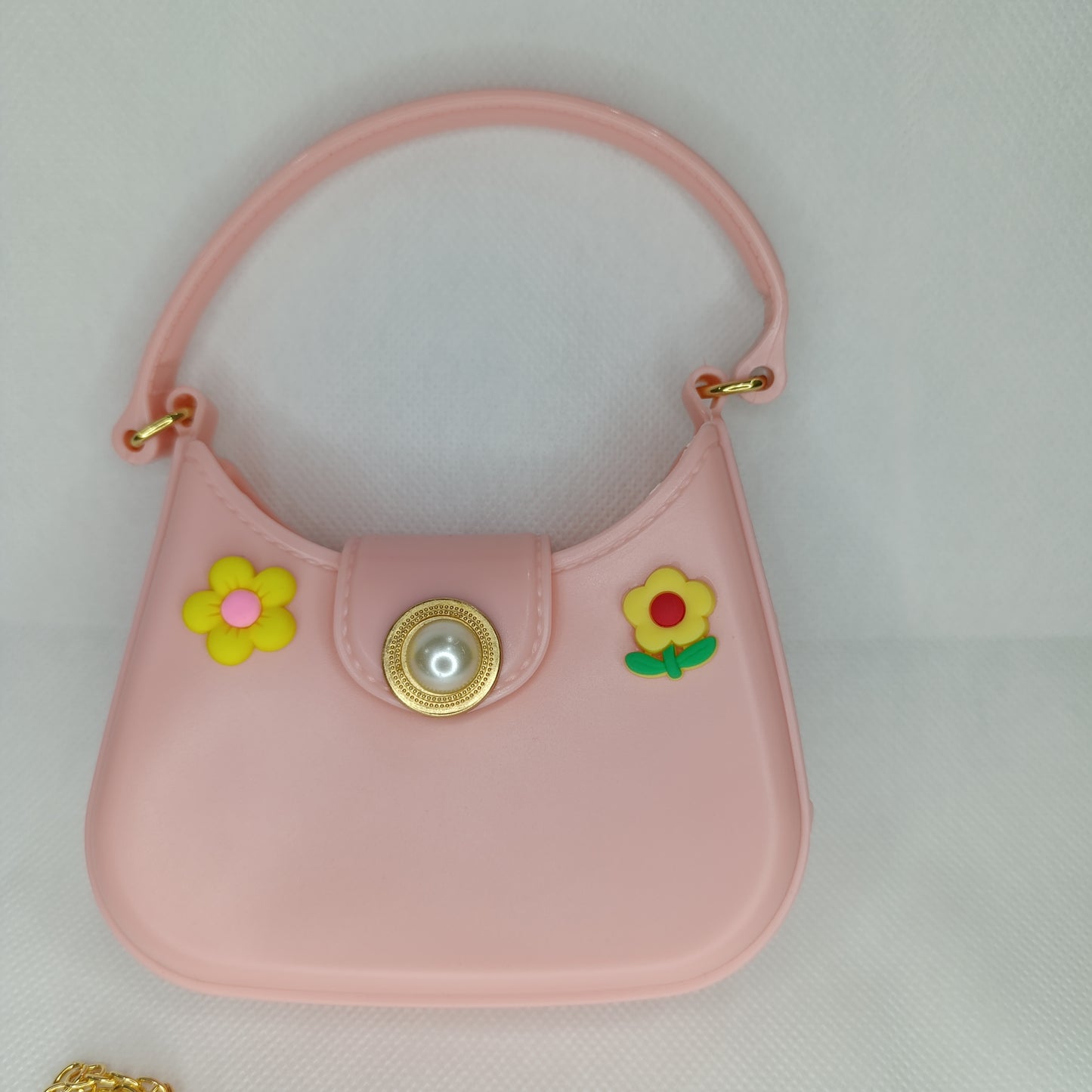 Cute Pink Floral Kids’ Handbag with Pearl Button & Golden Chain Strap