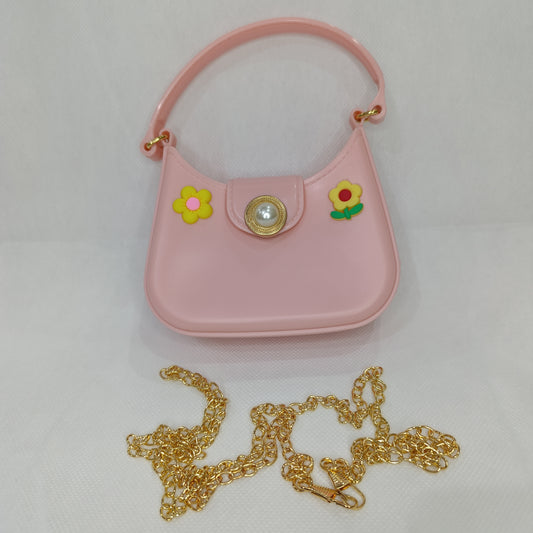 Cute Pink Floral Kids’ Handbag with Pearl Button & Golden Chain Strap